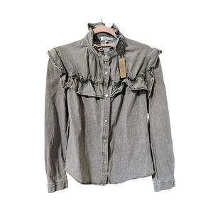 NWT Tracies Gray Ruffle Denim Blouse Button Front Long Sleeve S